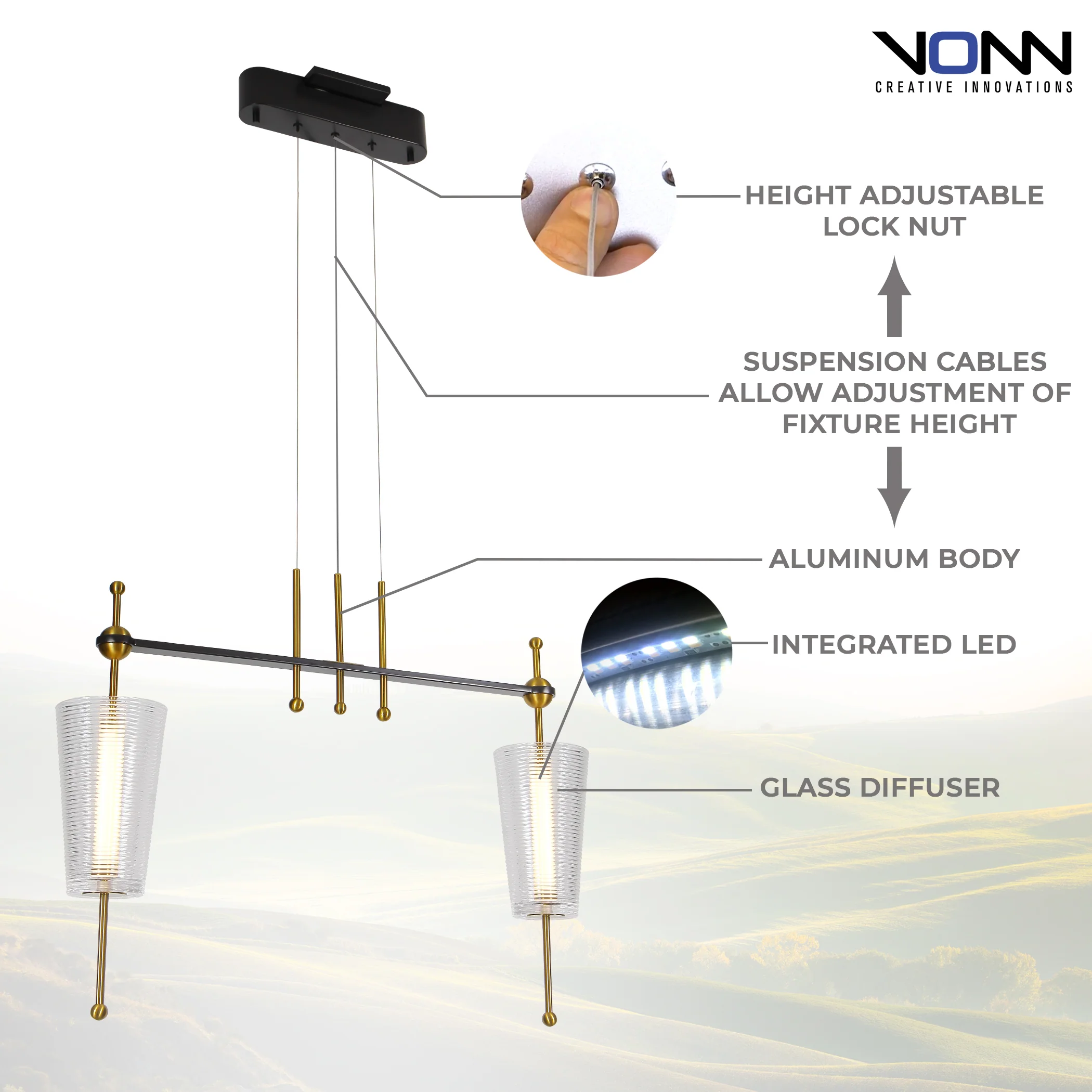 VONN Artisan Toscana VAP2102AB 29" Integrated LED ETL Certified Pendant, Height Adjustable Chandelier - Image 7