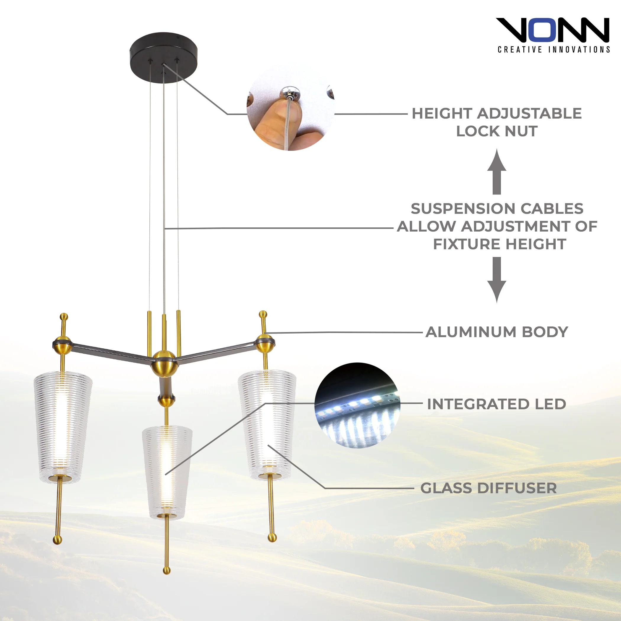 VONN Artisan Toscana VAP2103AB 26" Integrated LED ETL Certified Pendant, Height Adjustable Chandelier - Image 7