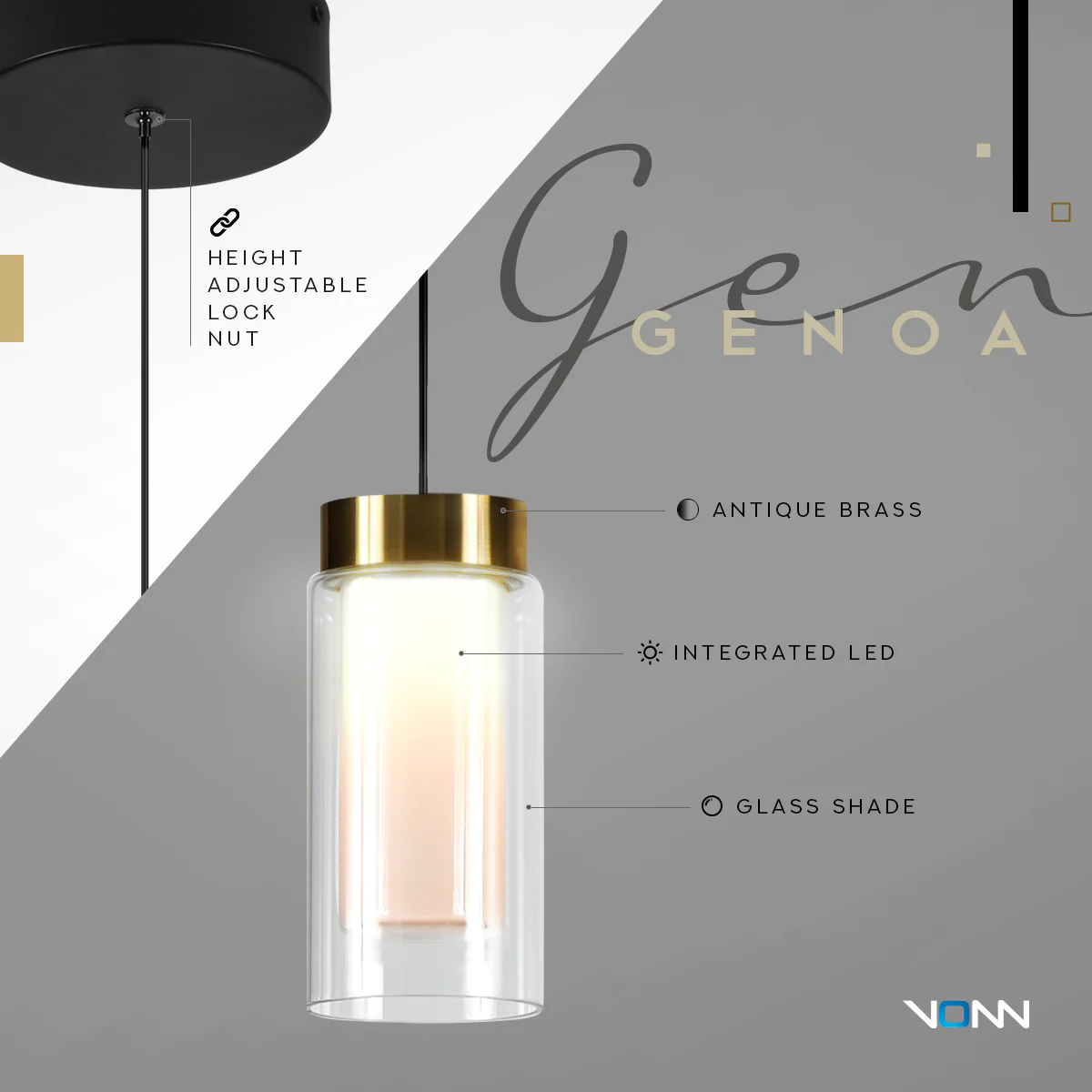 VONN Artisan Genoa VAP2111BL 5" Integrated LED ETL Certified Height Adjustable Pendant with Glass Shade, Black - Image 9