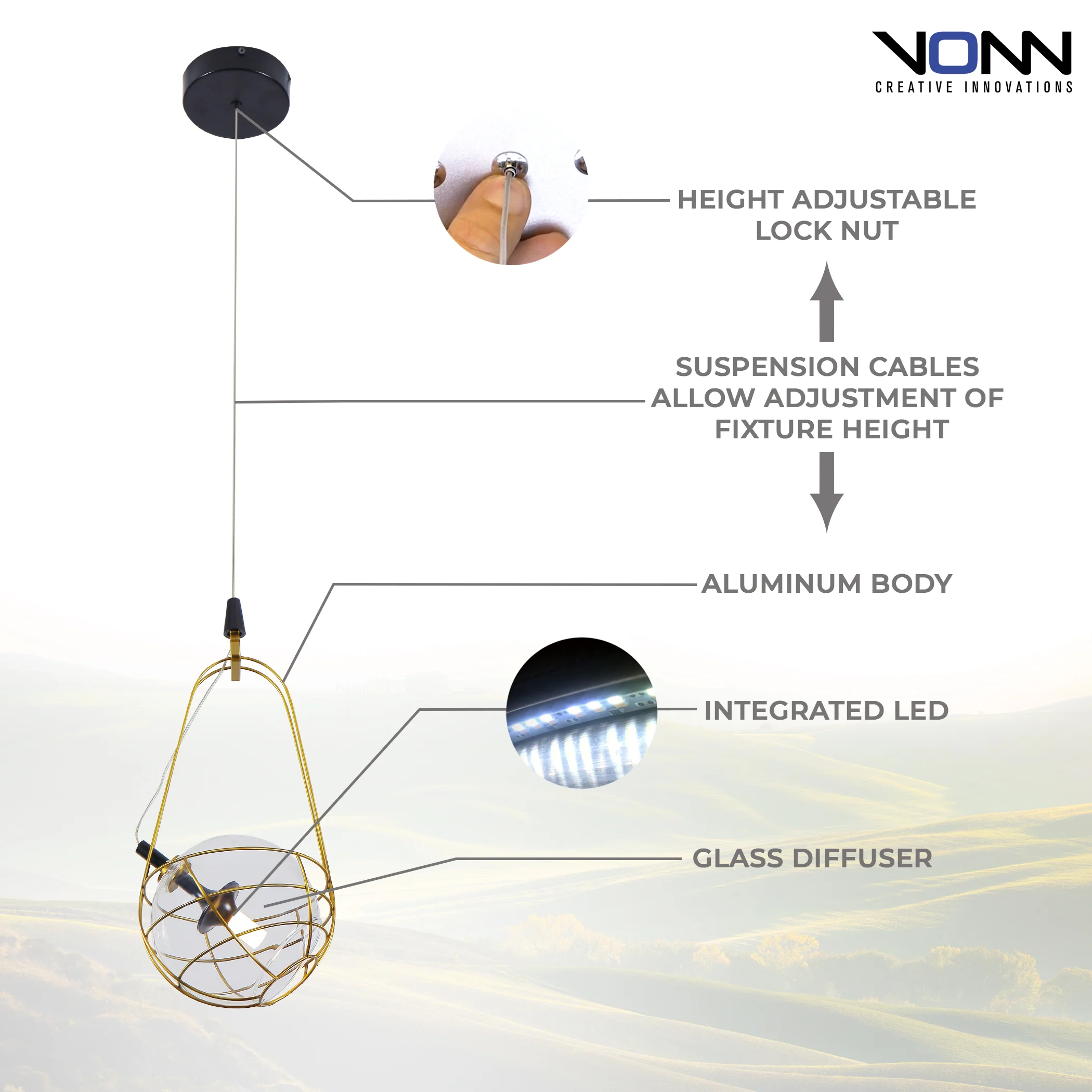 VONN Artisan Firenze VAP2151AB 8" Integrated LED ETL Certified Height Adjustable Pendant with Glass Shade - Image 7