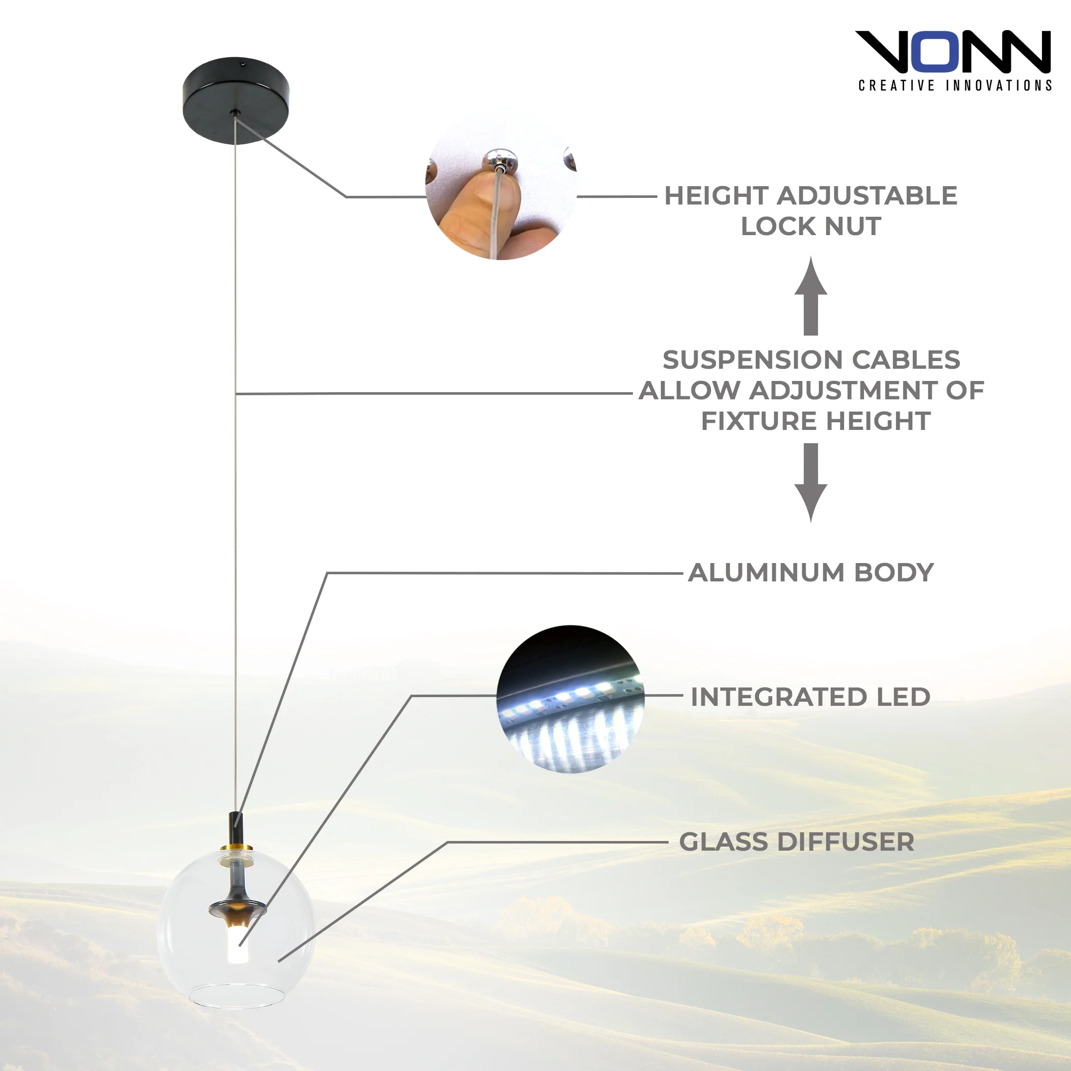VONN Artisan Portofino VAP2161AB 7" Integrated LED ETL Certified Height Adjustable Pendant w/ Glass Shade - Image 7