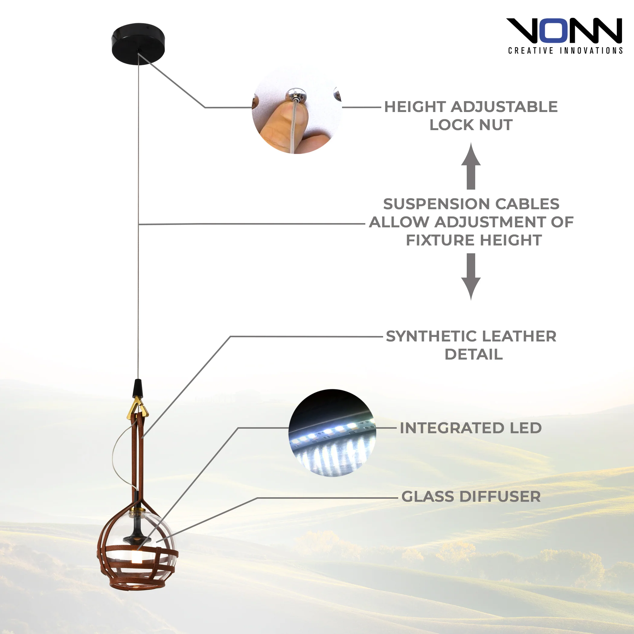 VONN Artisan Bari VAP2171AB 7" Integrated LED ETL Certified Height Adjustable Pendant with Glass Shade - Image 6