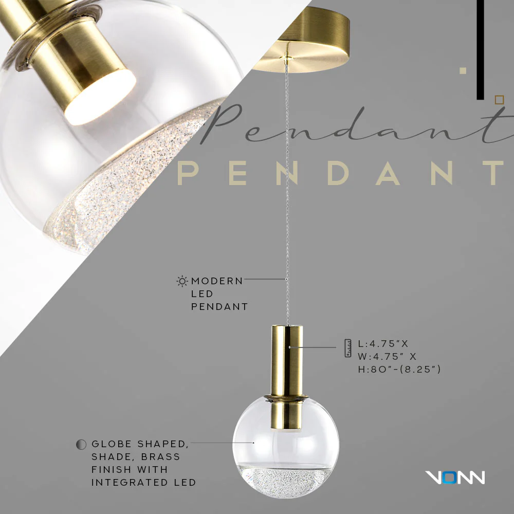 VONN Artisan Sienna VAP2181BRS 5" Integrated LED ETL Certified Height Adjustable Pendant Light, Brass - Image 8