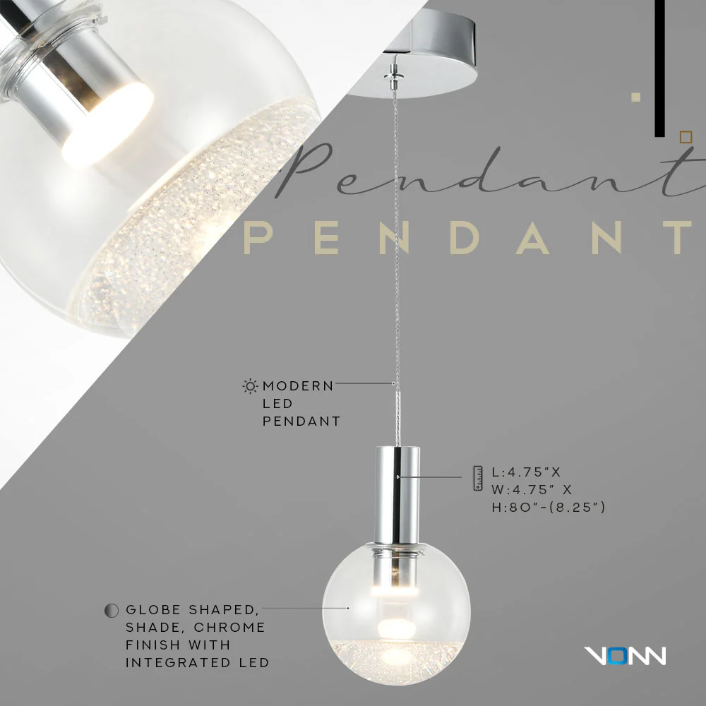 VONN Artisan Sienna VAP2181CH 5" Integrated LED ETL Certified Height Adjustable Pendant Light, Chrome - Image 8