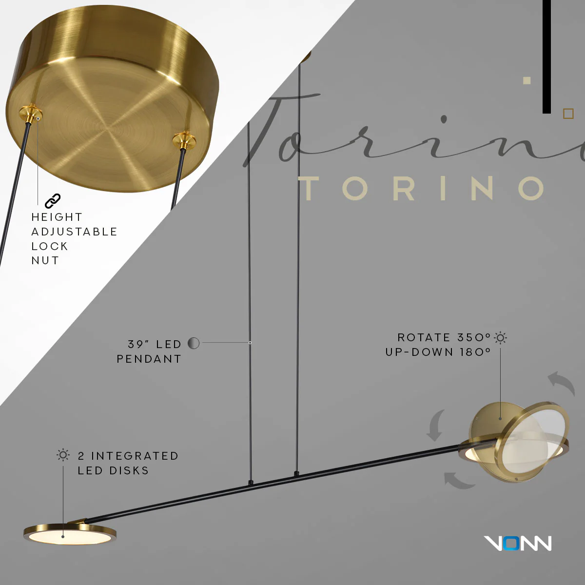 VONN Artisan Torino VAP2192AB 39" Integrated LED ETL Certified Height Adjustable Pendant, Rotating Disks, Antique Brass - Image 6