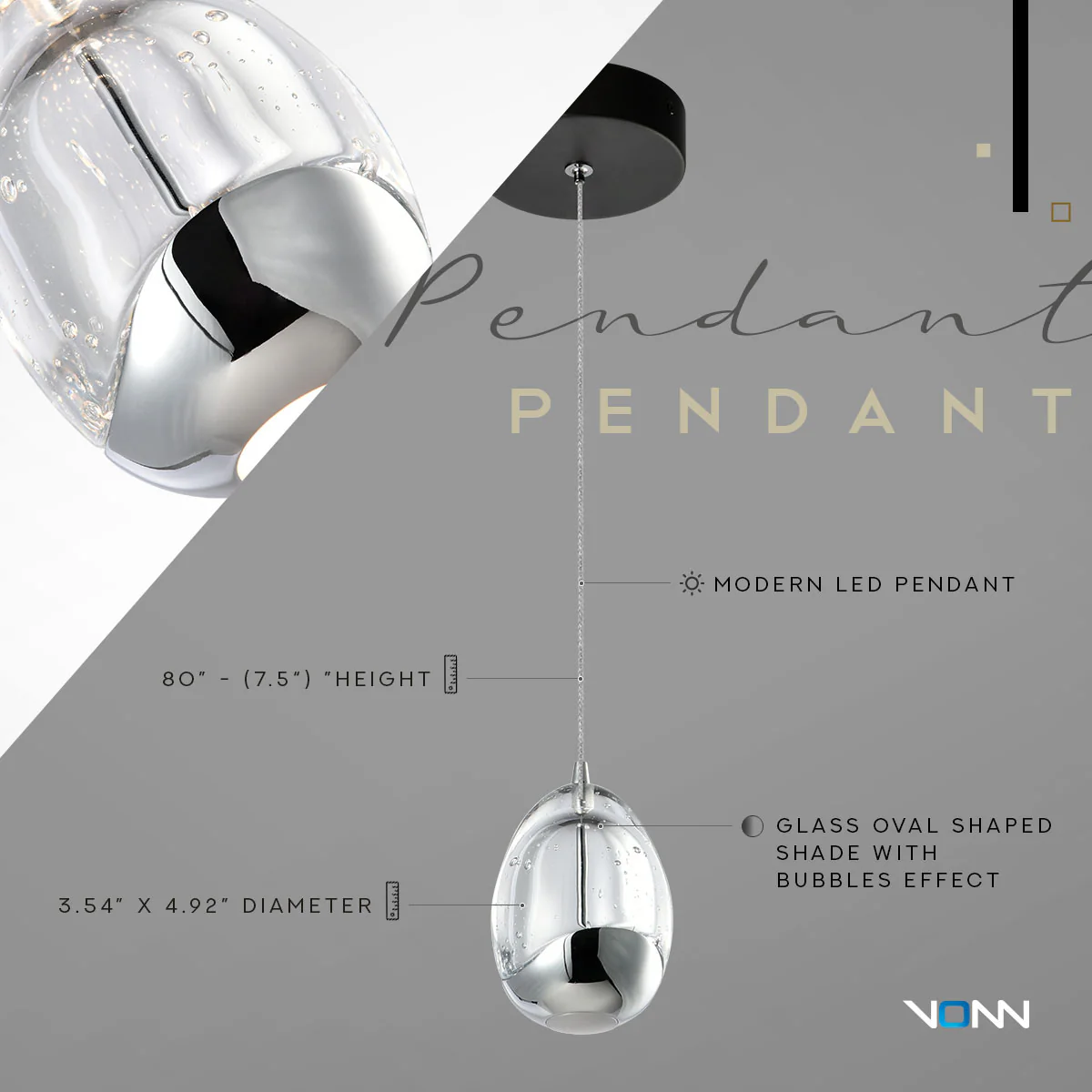 VONN Artisan Venezia VAP2201BL 3.5" Integrated LED ETL Certified Height Adjustable Pendant w/ Chrome Glass Shade, Black - Image 7