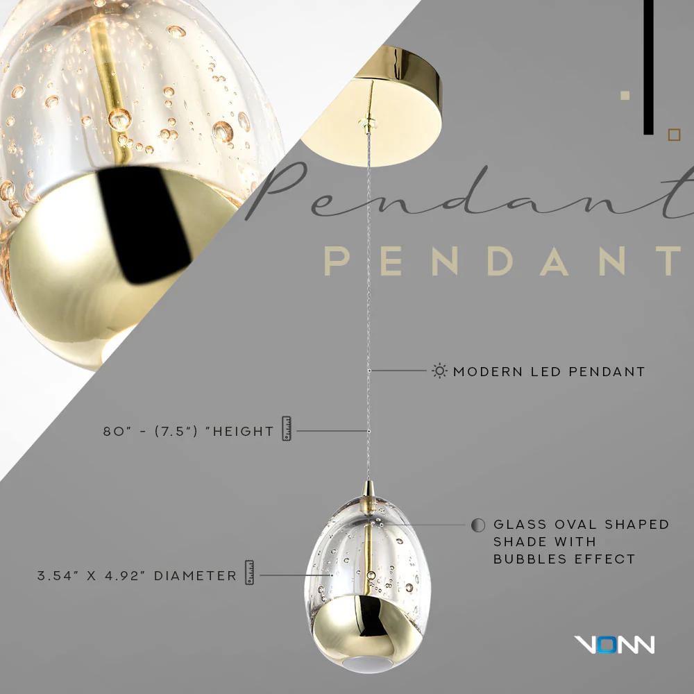 VONN Artisan Venezia VAP2201GL 3.5" Integrated LED ETL Certified Height Adjustable Pendant w/ Glass Shade, Gold - Image 7