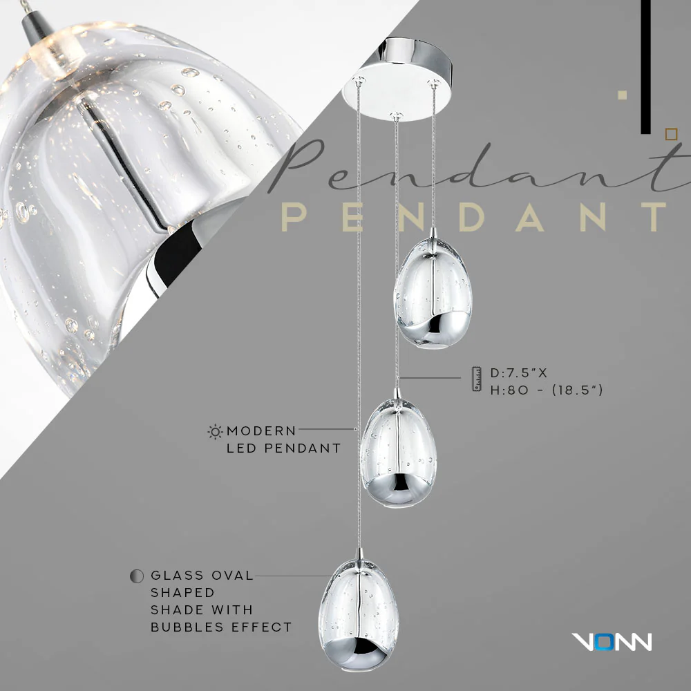 VONN Artisan Venezia VAP2203CH 3-Light Integrated LED ETL Certified Pendant, Height Adjustable Chandelier, Black - Image 12