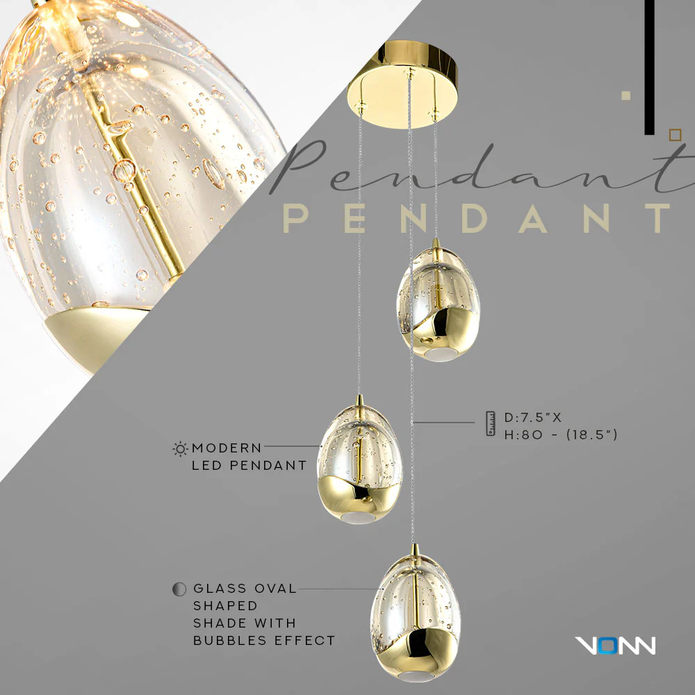 VONN Artisan Venezia VAP2203GL 3-Light Integrated LED ETL Certified Pendant, Height Adjustable Chandelier, Gold - Image 5