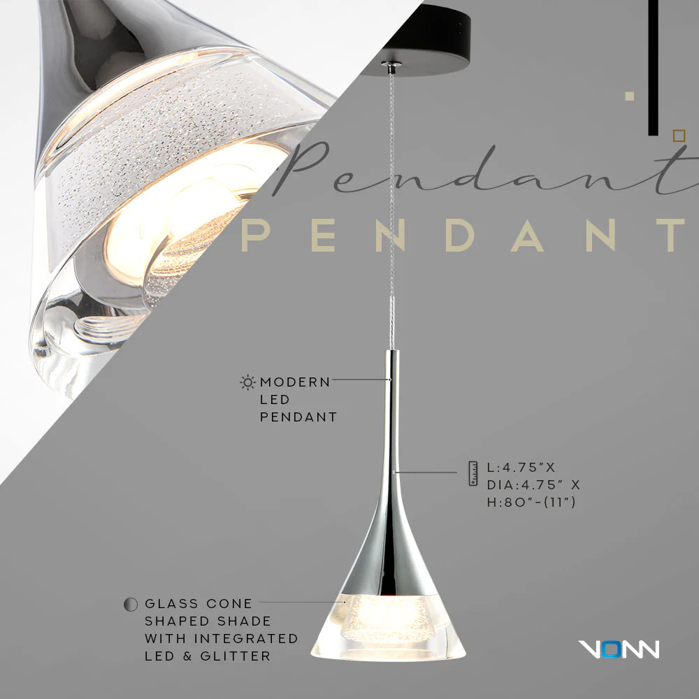 VONN Artisan Amalfi VAP2211BL 4.75" Integrated LED ETL Certified Height Adjustable Pendant w/ Cone Shade, Black - Image 6