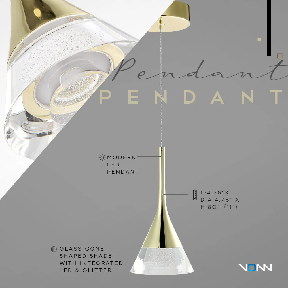 VONN Artisan Amalfi VAP2211GL 4.75" Integrated LED ETL Certified Height Adjustable Pendant w/ Cone Shade, Gold - Image 5