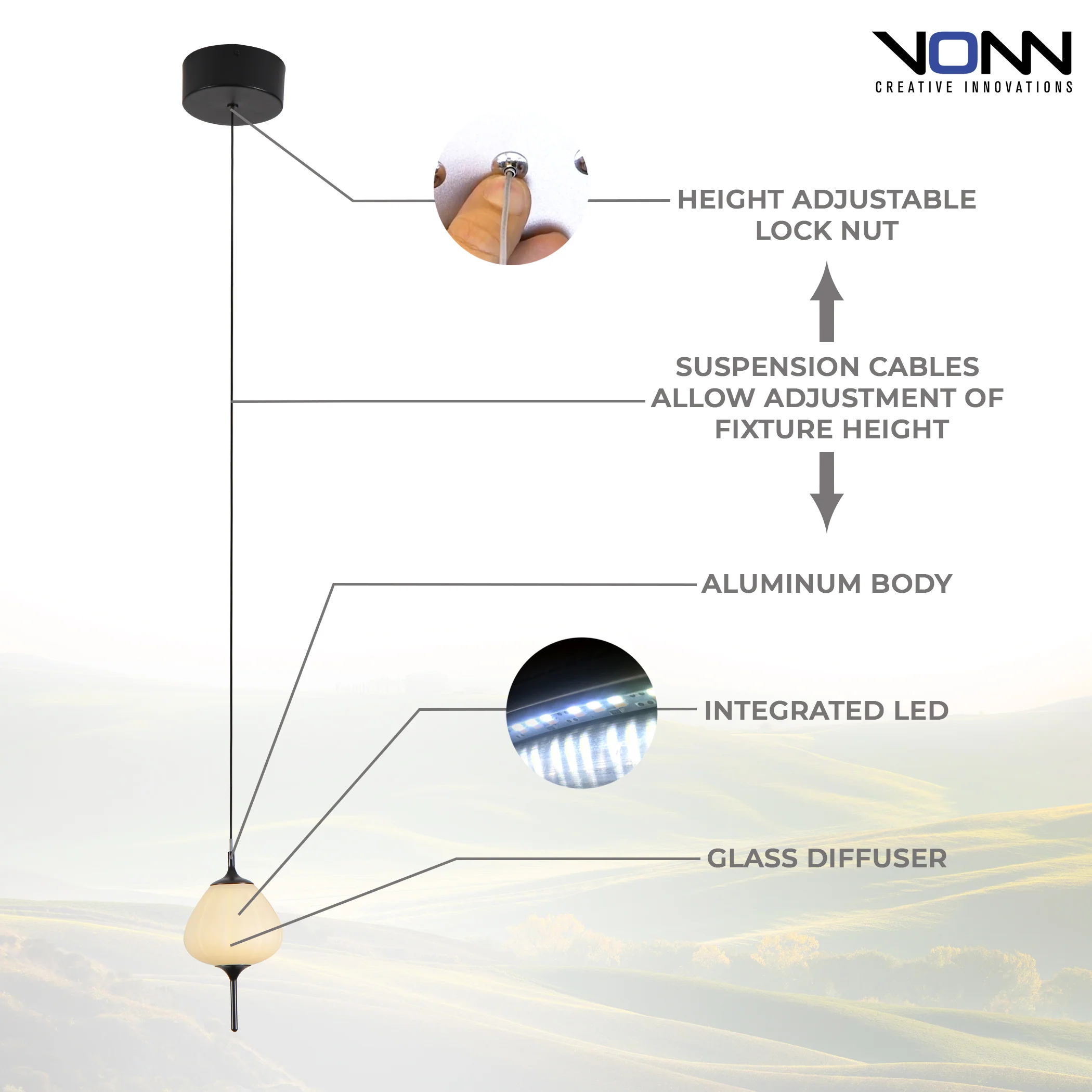 VONN Artisan Lecce VAP2221BL 5" Integrated LED ETL Certified Height Adjustable Pendant with Glass Shade - Image 4