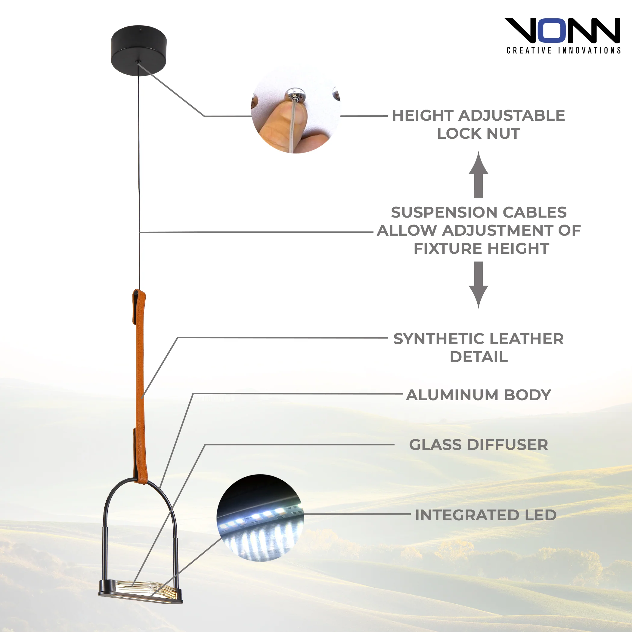 VONN Artisan Ravenna VAP2231BL 8" Integrated LED ETL Certified Height Adjustable Pendant with Glass Shade - Image 7