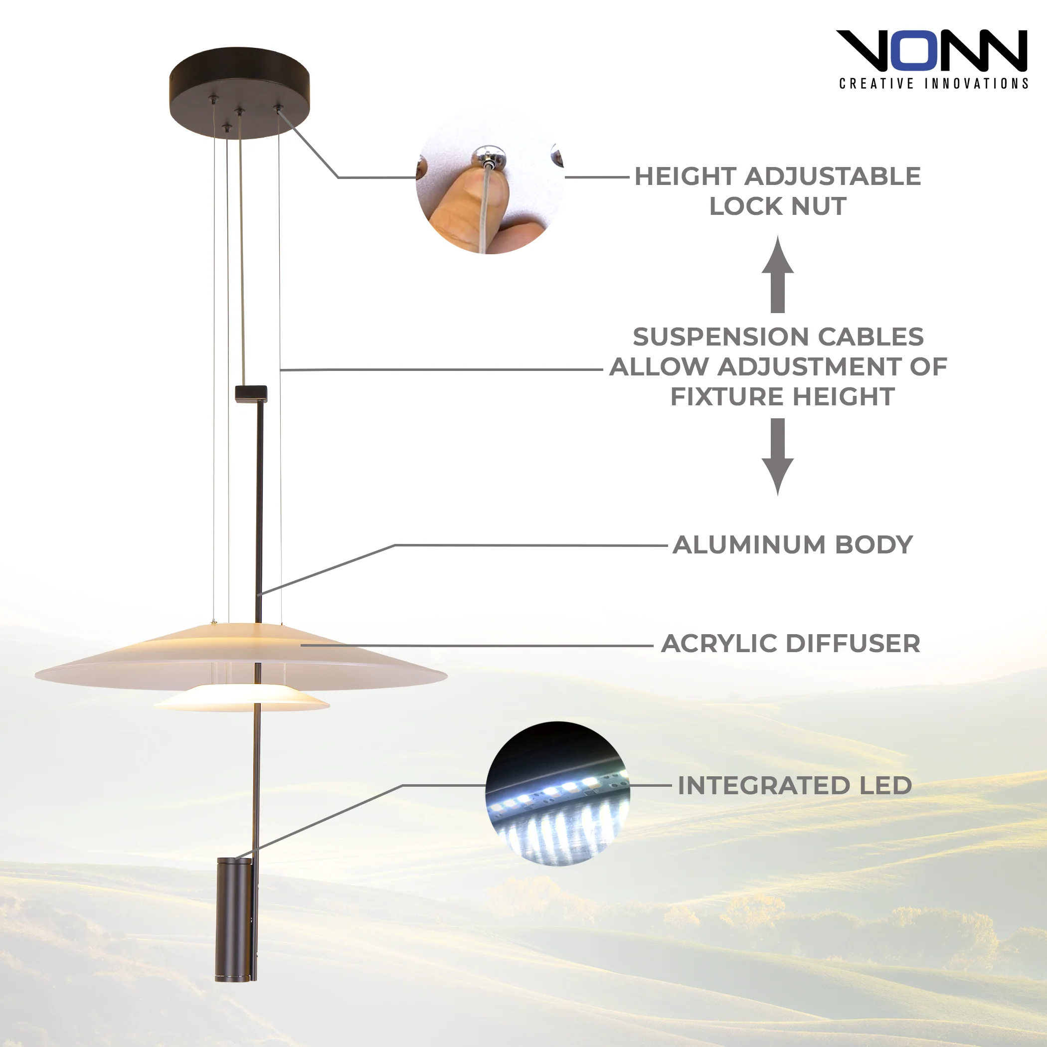VONN Artisan Positano VAP2251BL 20" Integrated LED ETL Certified Height Adjustable Pendant Light in Black - Image 2