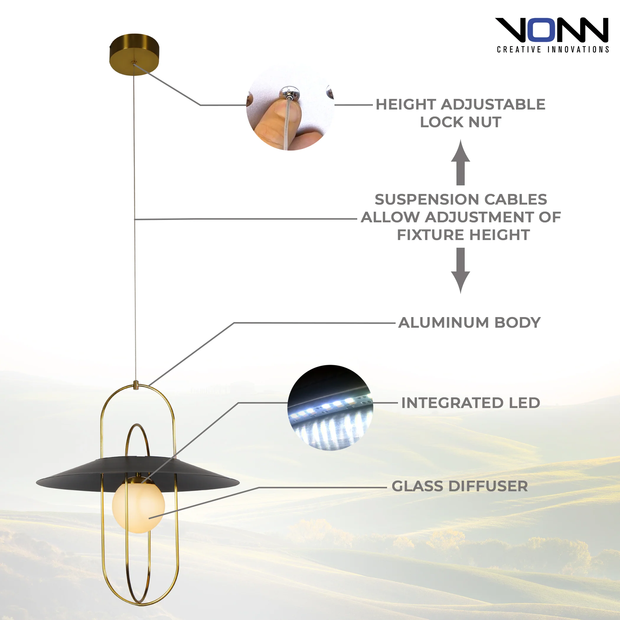 VONN Artisan Lyra VAP2271AB 18" Integrated LED ETL Certified Pendant Lighting Fixture in Antique Brass - Image 4