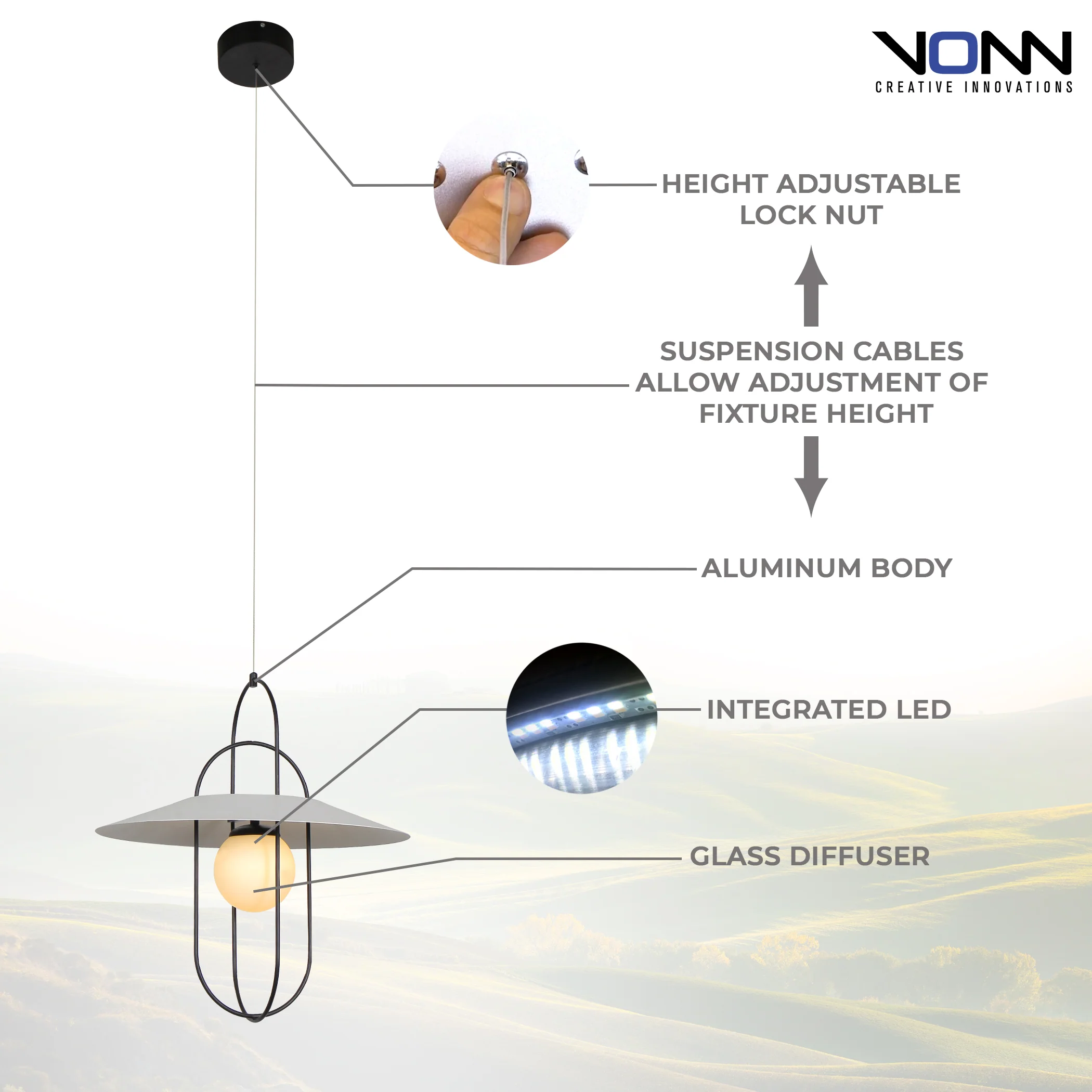 VONN Artisan Lyra VAP2271BL 18" Integrated LED ETL Certified Height Adjustable Pendant Light in Black - Image 4