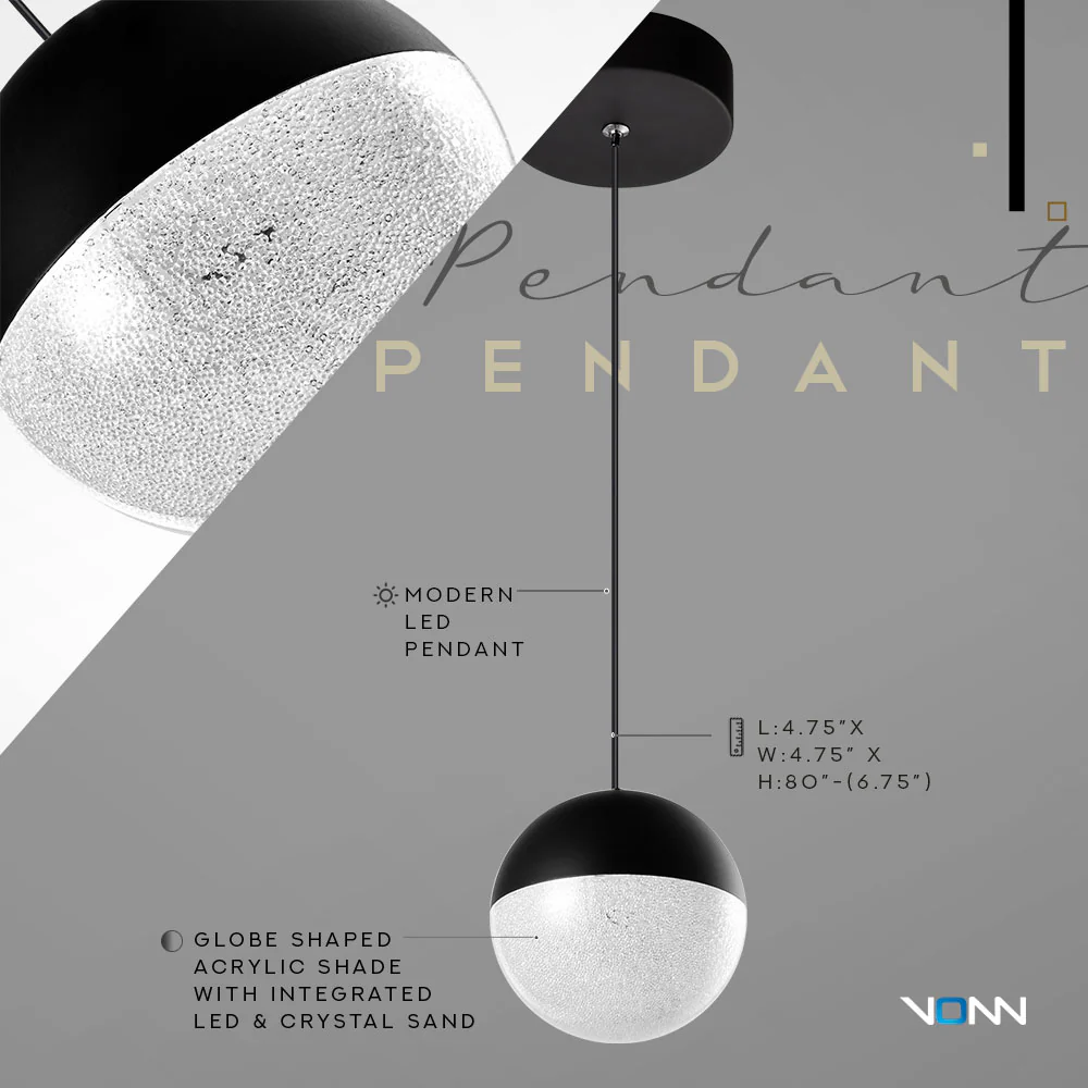 VONN Artisan Ravello VAP2281BL 5" Integrated LED ETL Certified Height Adjustable Pendant w/ Globe Shade, Black - Image 8