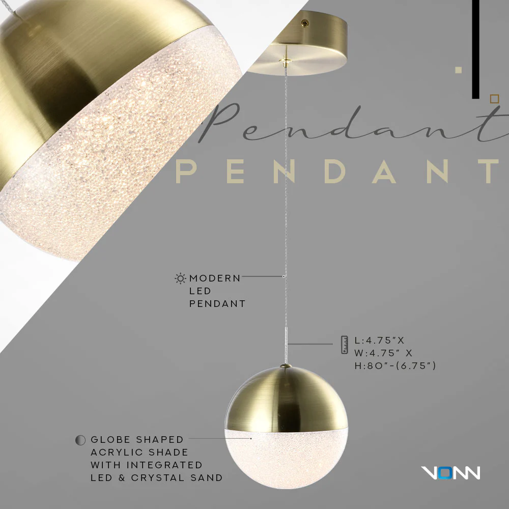 VONN Artisan Ravello VAP2281BRS 5" Integrated LED ETL Certified Height Adjustable Pendant w/ Globe Shade, Brass - Image 8
