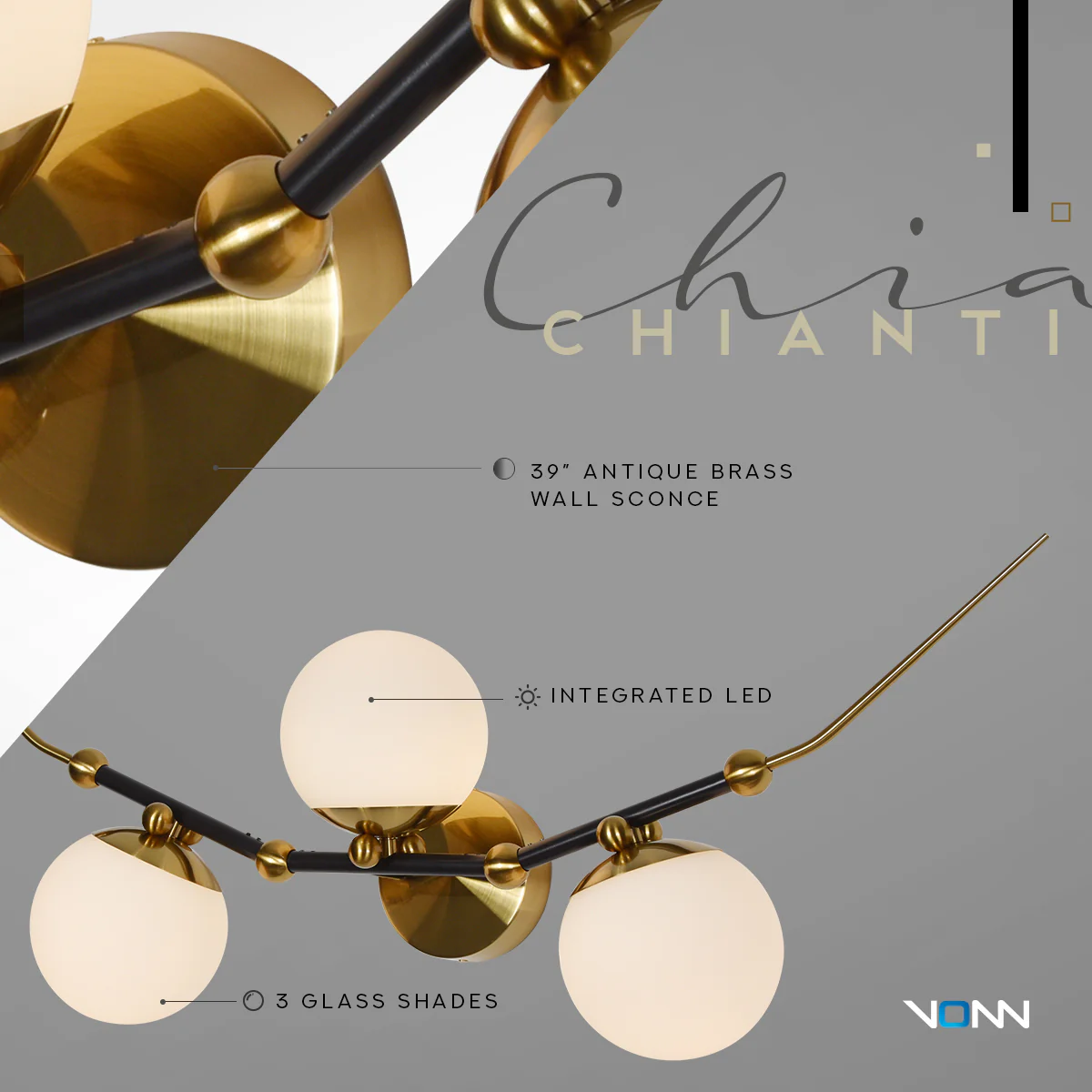 VONN Artisan Chianti VAW1123AB 39" Integrated LED ETL Certified Wall Sconce Light with 3 Glass Shades, Antique Brass - Image 7