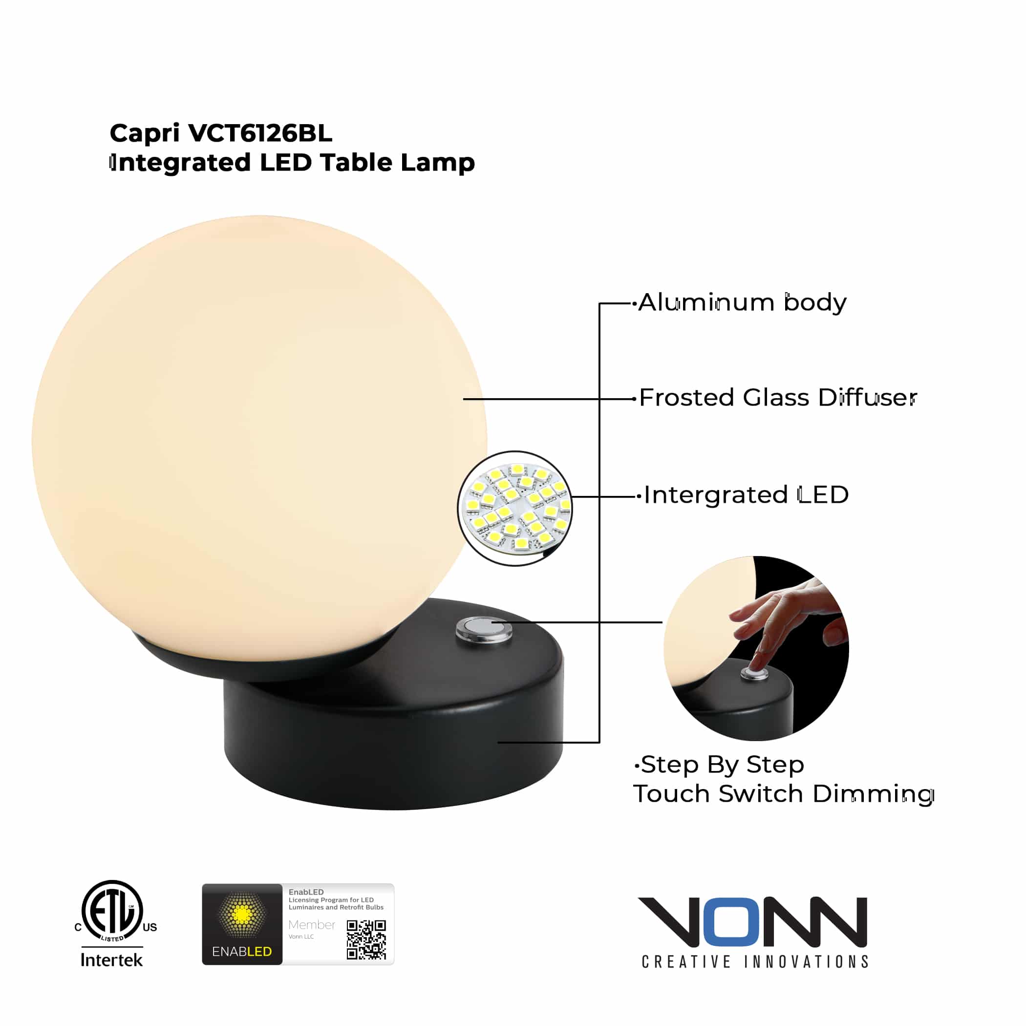 VONN Capri VCT6126BL 6" Height Integrated LED ETL Certified Table Lamp with Touch Sensor Dimming in Black - Image 2