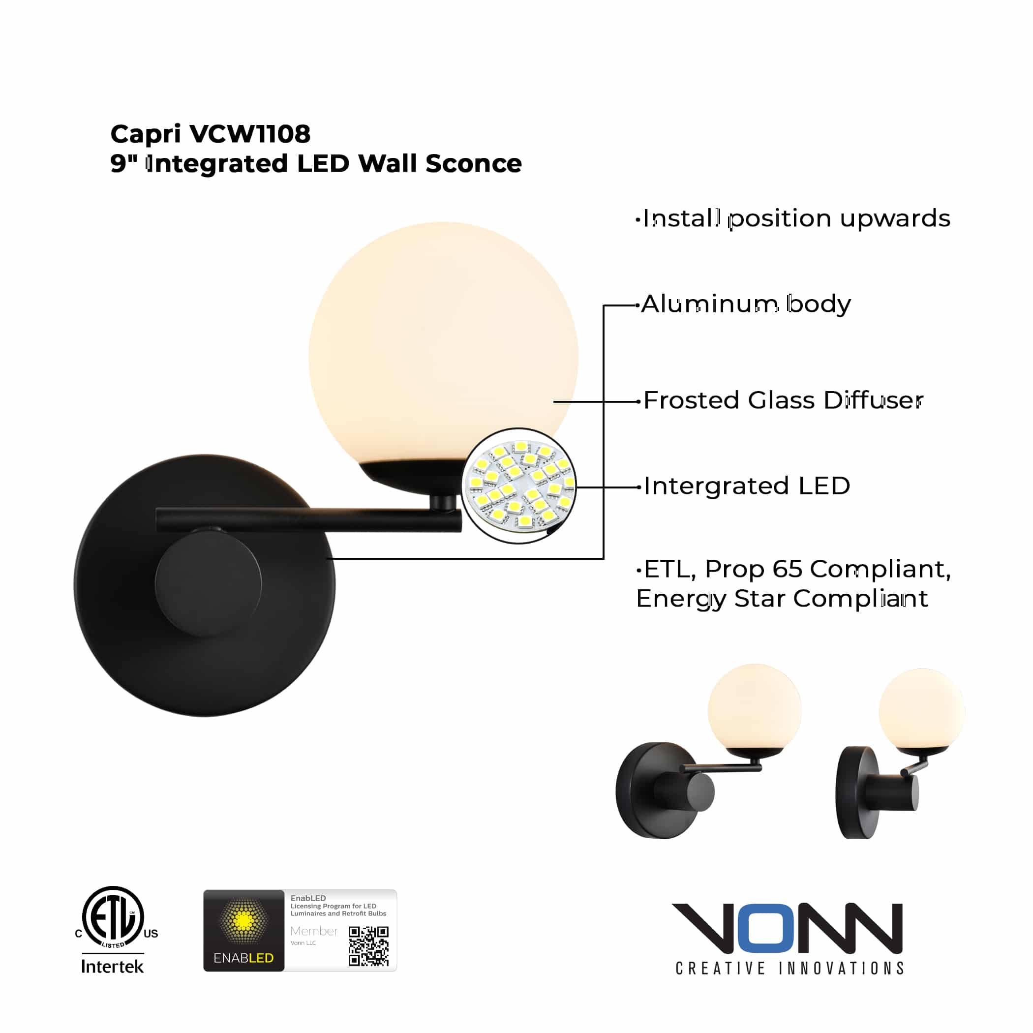 VONN Capri VCW1108BL 9" Integrated LED ETL Certified Wall Sconce Light in Black with 1 Glass Shade - Image 3