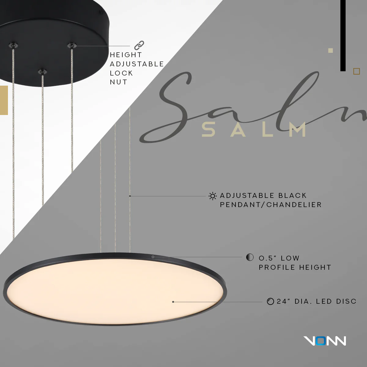 VONN Salm VMC31840BL 24" Integrated LED ETL Certified Pendant Light Height Adjustable Disc Chandelier, Black - Image 8