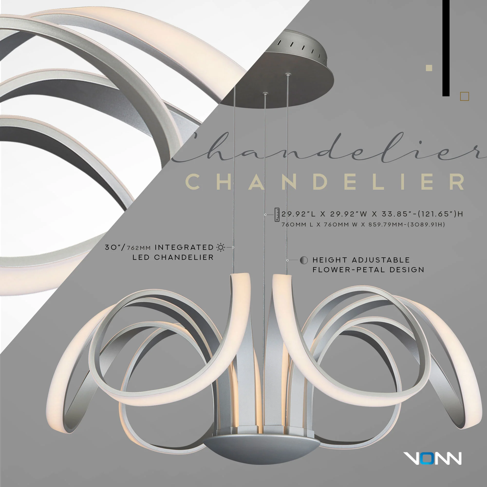 VONN Capella VMC32420AL 30" Integrated LED ETL Certified Chandelier Height Adjustable Pendant in Silver - Image 8