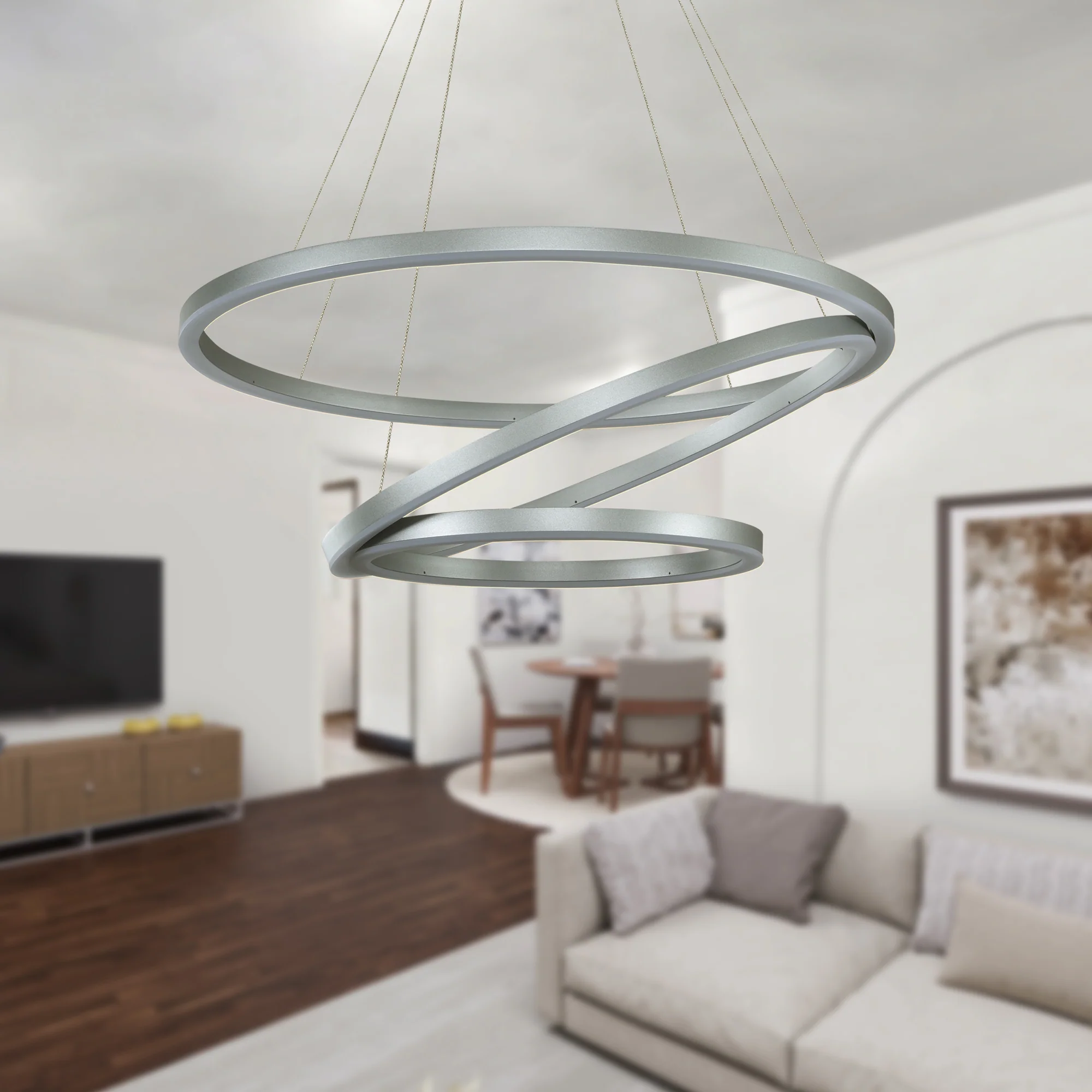 VONN Tania Trio VMC32500AL 32" Integrated LED ETL Certified Ring Chandelier Height Adjustable Silver Pendant - Image 4