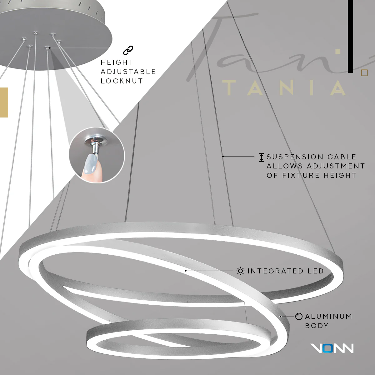 VONN Tania Trio VMC32500AL 32" Integrated LED ETL Certified Ring Chandelier Height Adjustable Silver Pendant - Image 6