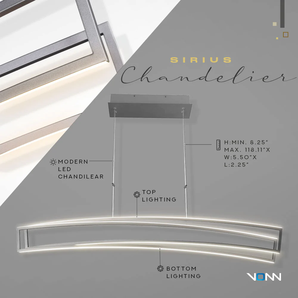 VONN Sirius VMC33440AL 46" ETL Certified Integrated LED Pendant, Height Adjustable Chandelier in Silver - Image 7