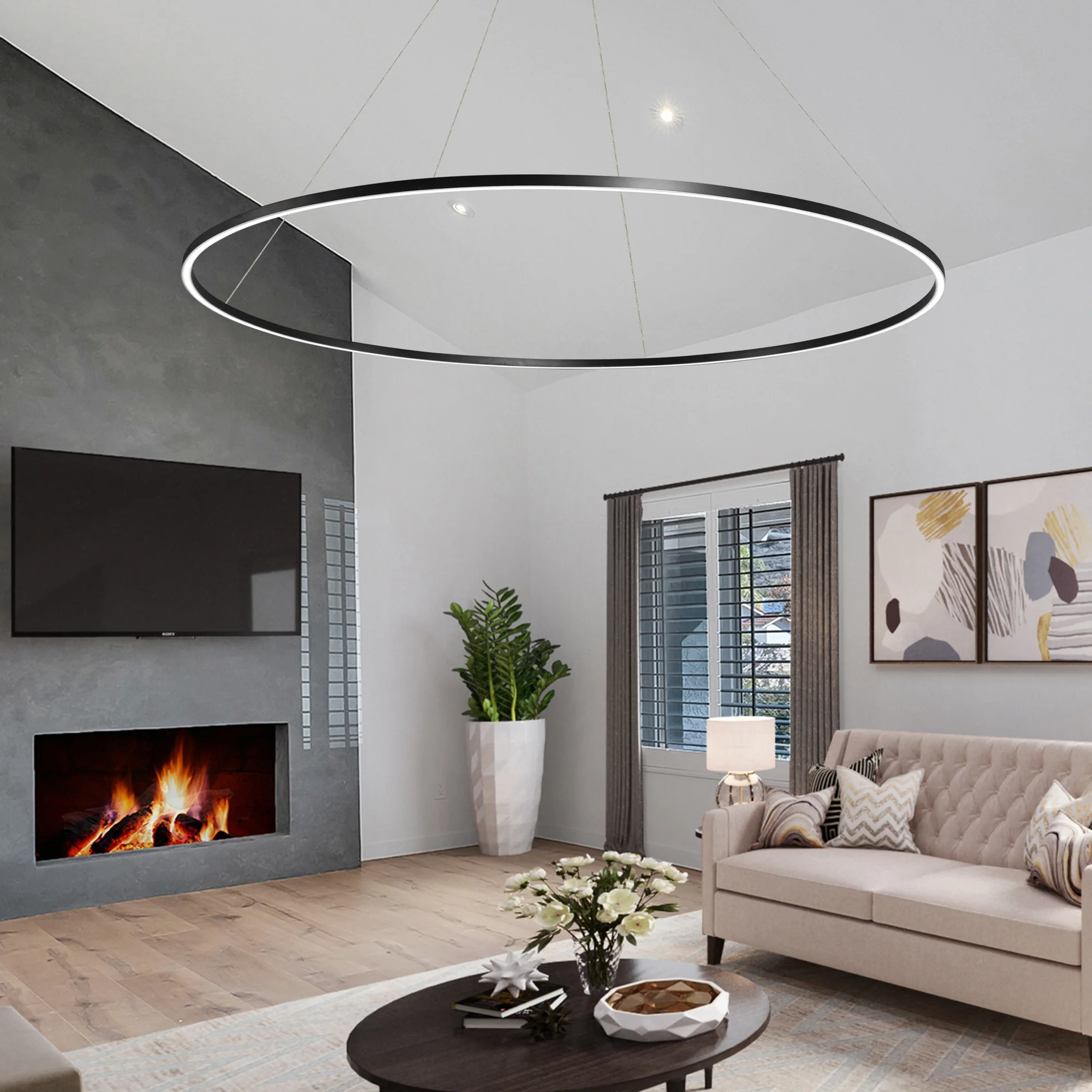 VONN Tania VMC34960BL 60" Integrated LED ETL Certified Ring Chandelier, Height Adjustable Pendant in Black - Image 3