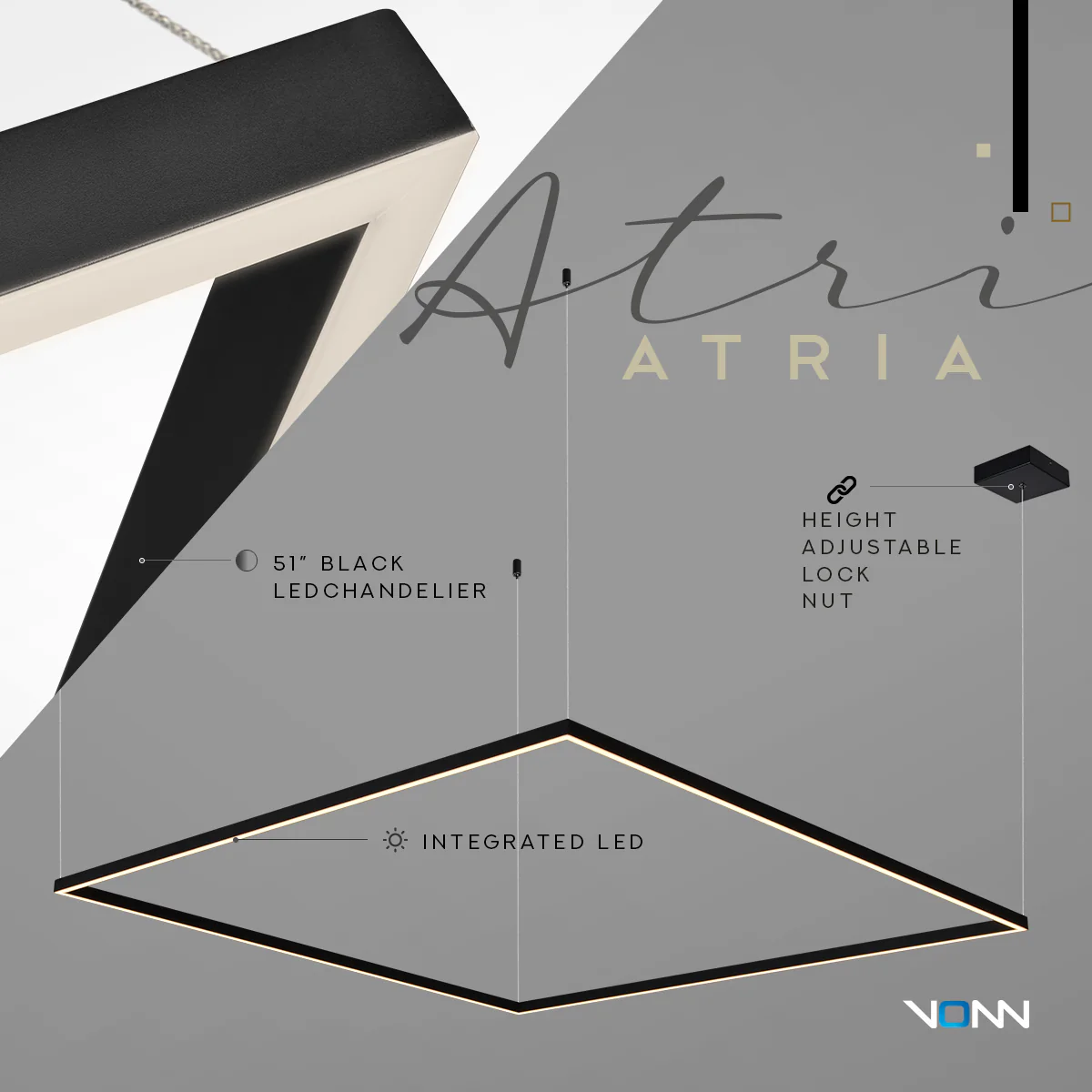VONN Atria VMCP35551BL 51" Integrated LED ETL Certified Square Chandelier, Height Adjustable Square Pendant, Black - Image 8