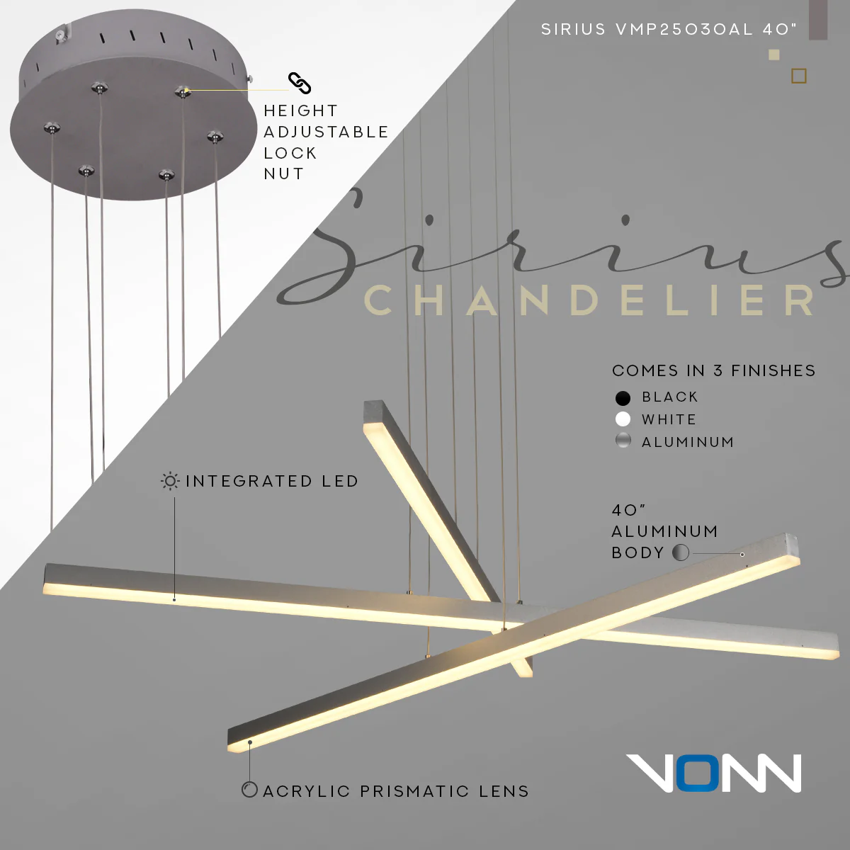 VONN Sirius VMP25030AL 40" ETL Certified Integrated LED Pendant, Height Adjustable Chandelier in Silver - Image 7