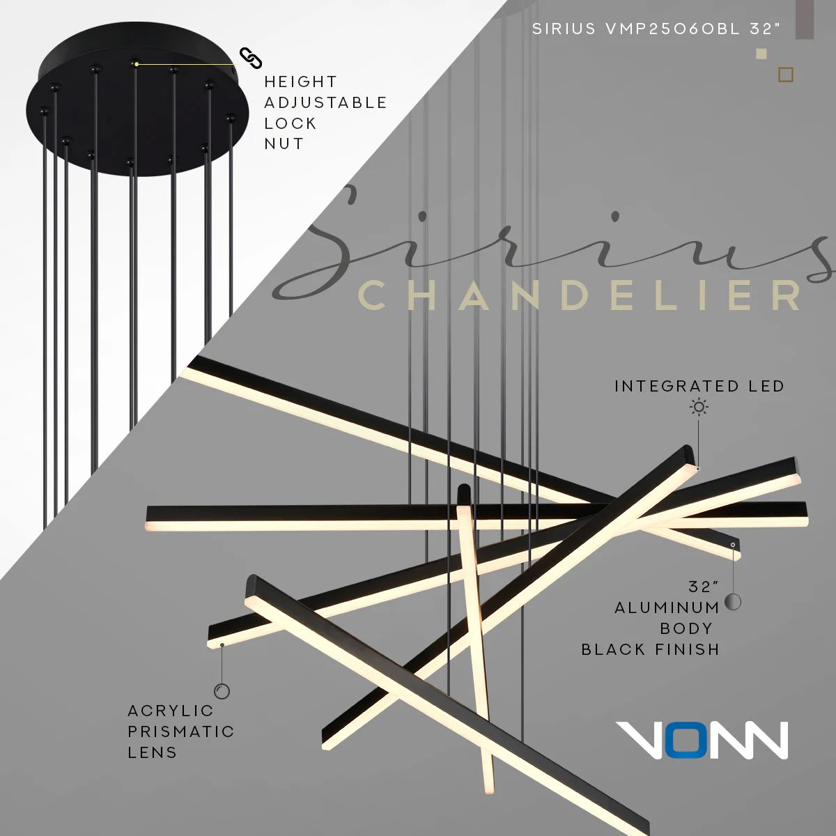 VONN Sirius VMP25060BL 32" Integrated LED ETL Certified Pendant, Height Adjustable Chandelier in Black - Image 9