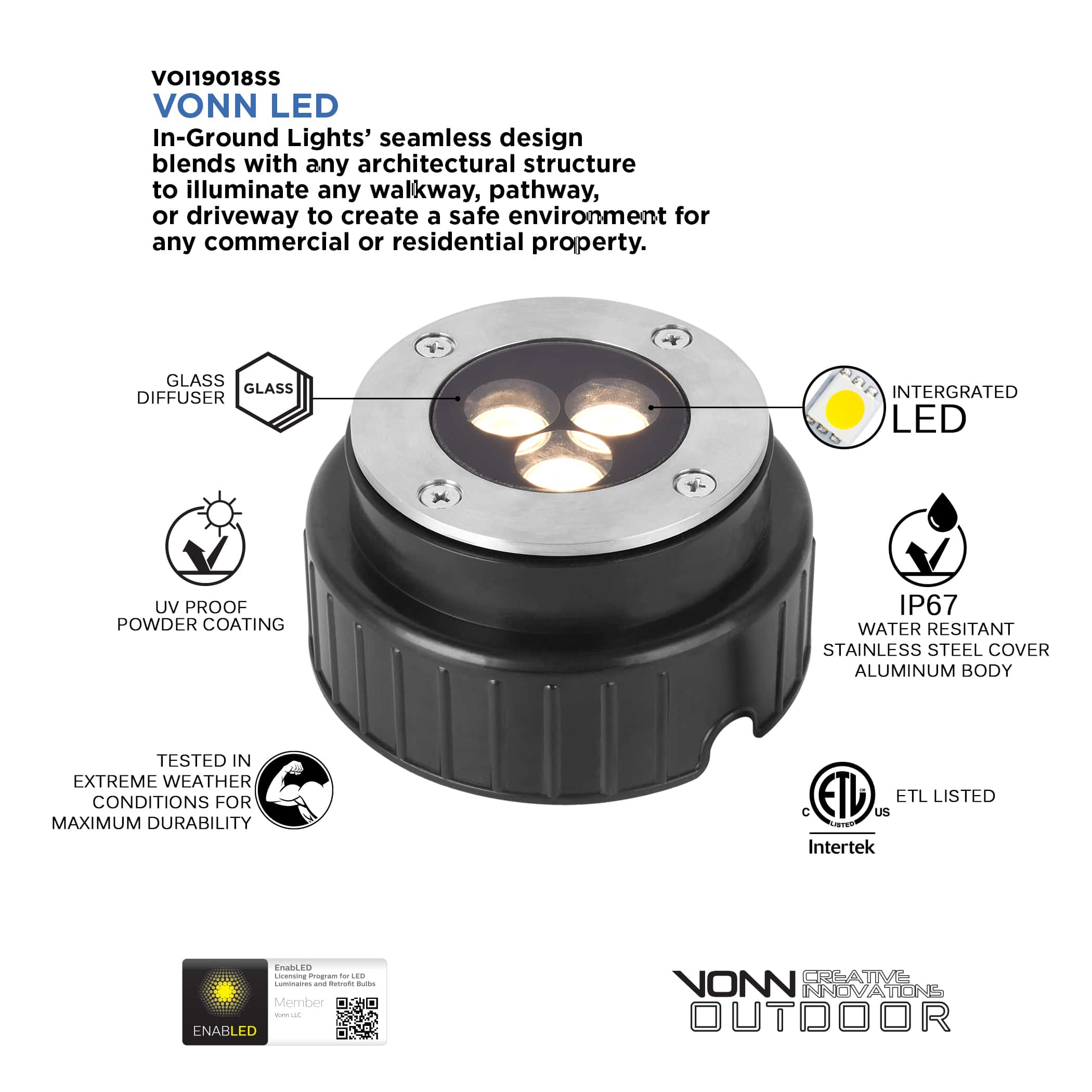 VONN 5" Modern VOI19018SS Low-Voltage 3-Watt Integrated LED Outdoor In-Ground Light - Image 6