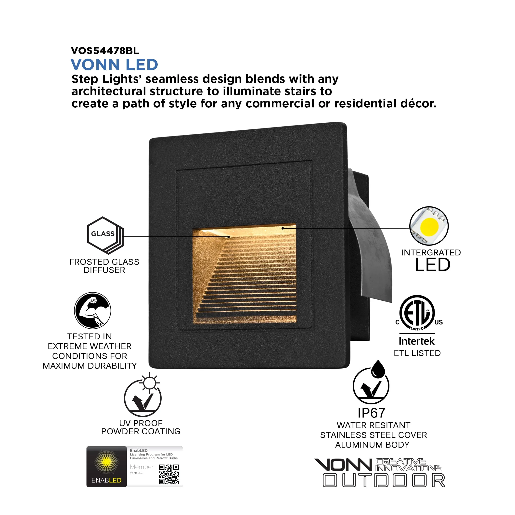 VONN 3.25" VOS54478BL Low-Voltage 1-Watt ETL Certified Integrated LED Outdoor Steps Light in Matte Black - Image 5