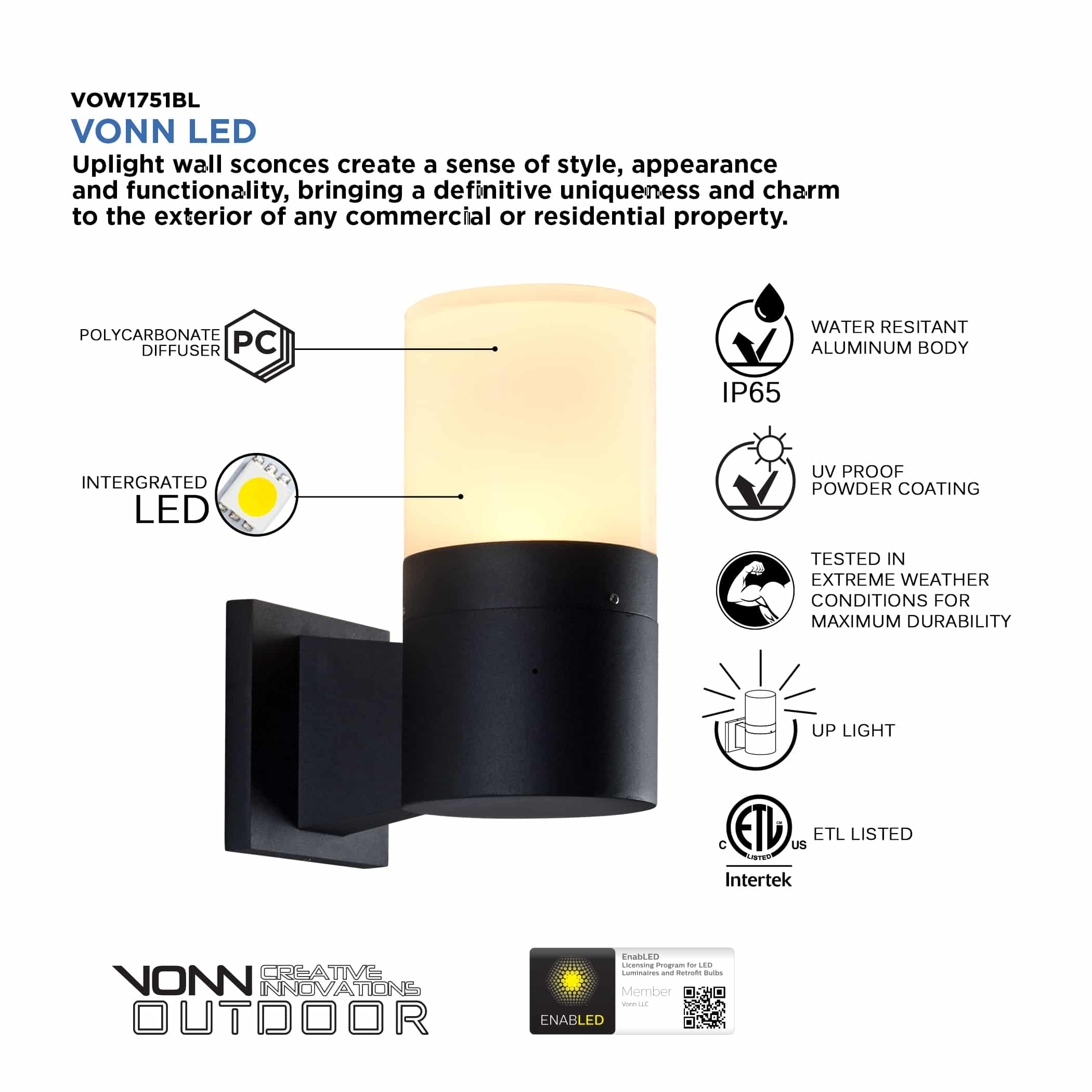 VONN 9" Modern VOW1751BL 5-Watt ETL Certified Integrated LED Outdoor Wall Sconce in Matte Black - Image 5