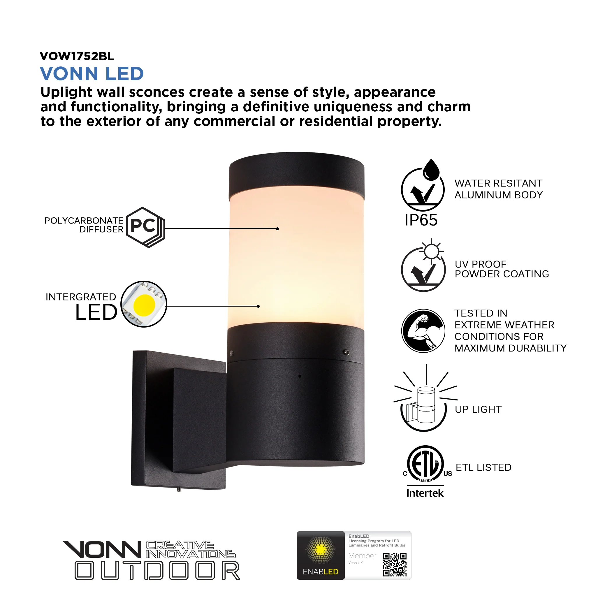 VONN 11" Modern VOW1752BL 5-Watt ETL Certified Integrated LED Outdoor Wall Sconce in Matte Black - Image 6