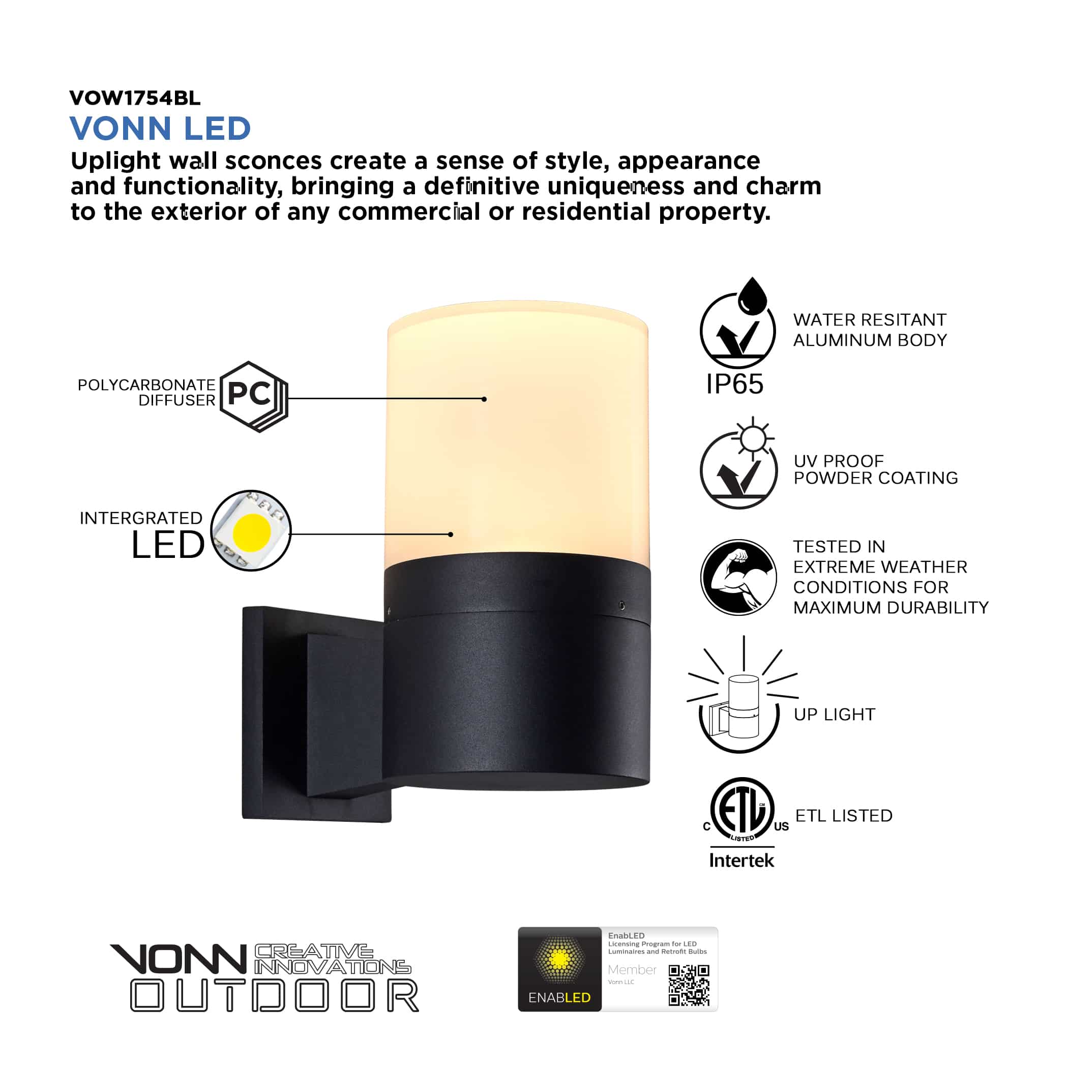 VONN 10" Modern VOW1754BL 5-Watt ETL Certified Integrated LED Outdoor Wall Sconce in Matte Black - Image 5