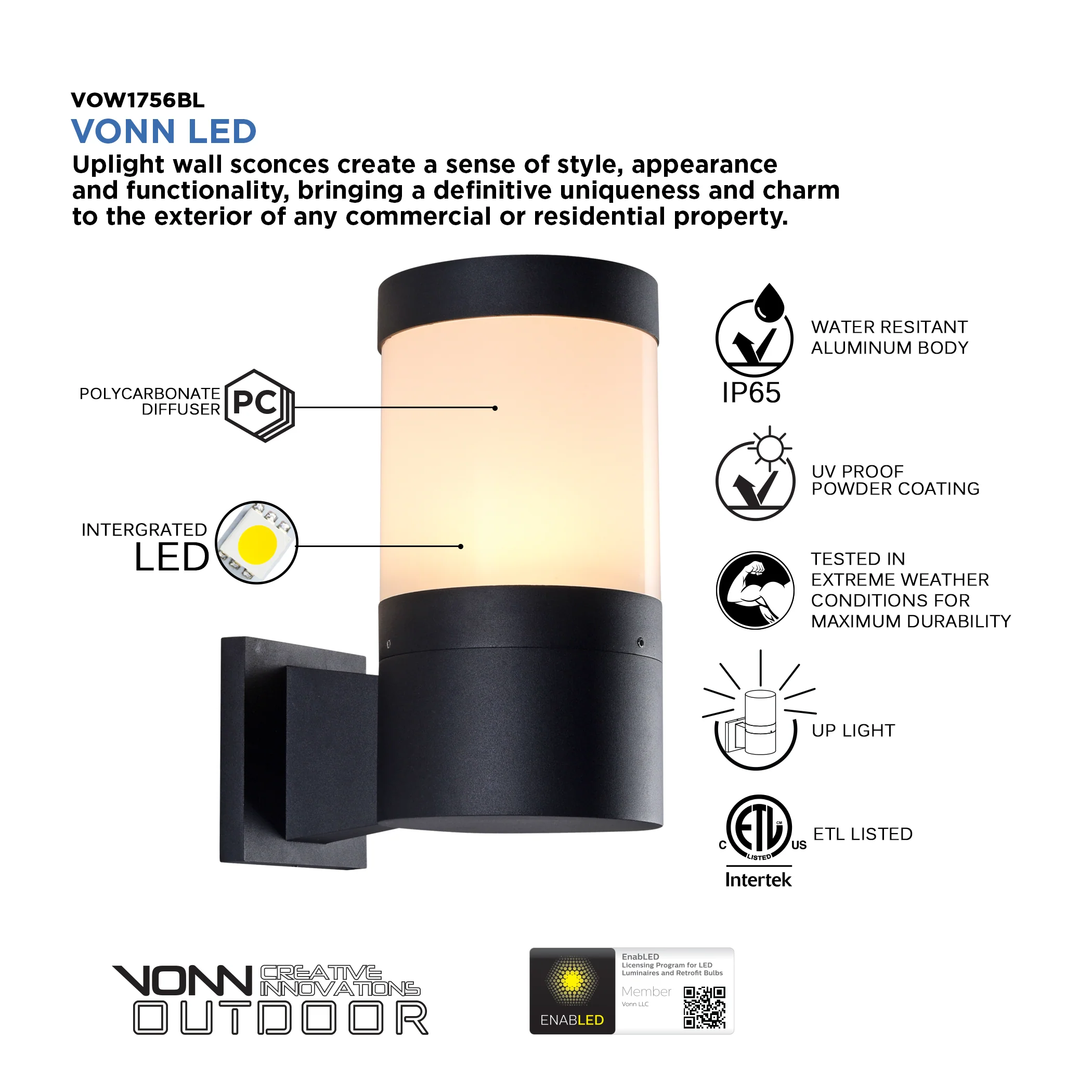 VONN 11" Modern VOW1756BL 5-Watt ETL Certified Integrated LED Outdoor Wall Sconce in Matte Black - Image 6