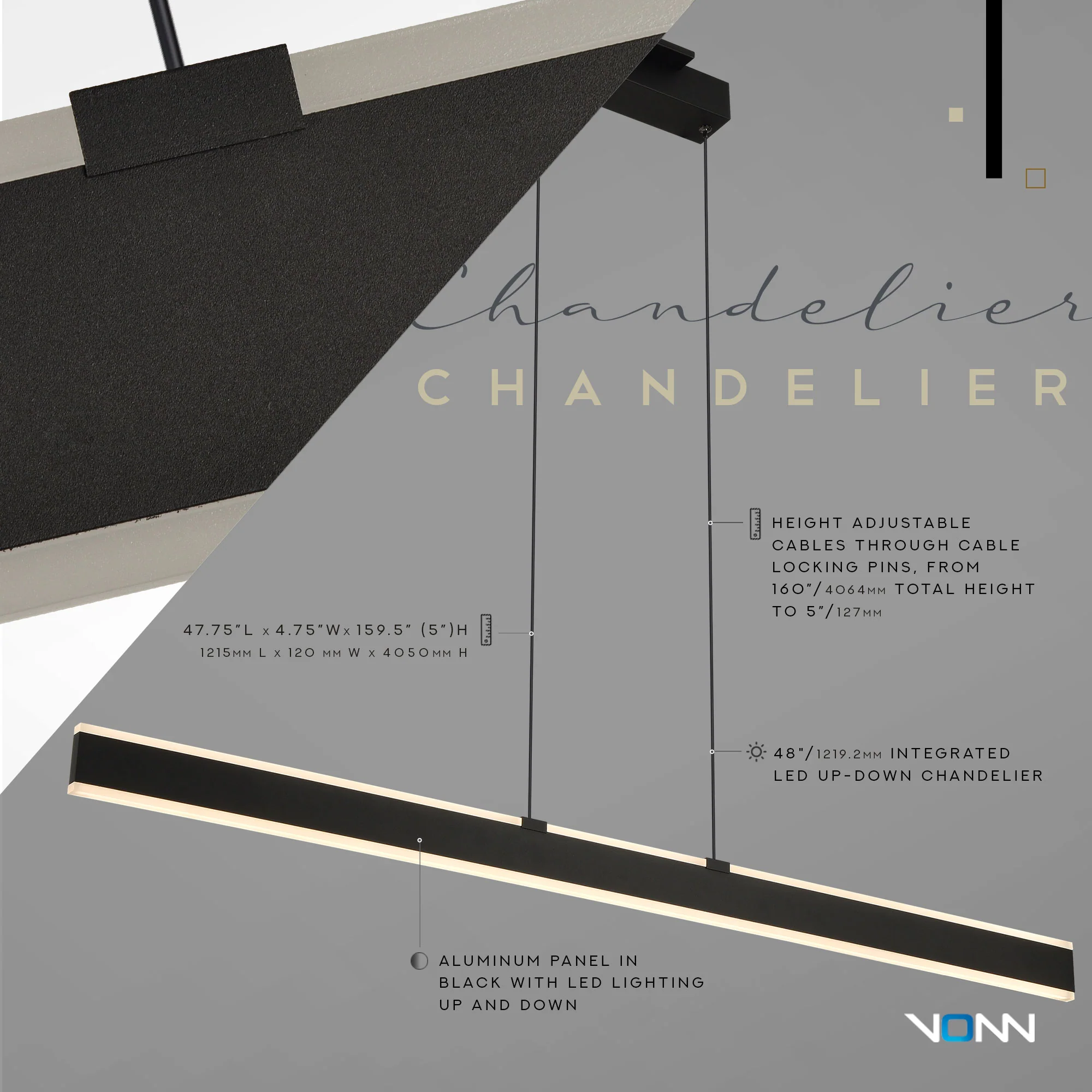 VONN Wezen VMC36904BL 48" Up-Down Integrated LED ETL Certified Pendant, Height Adjustable Chandelier, Black - Image 7